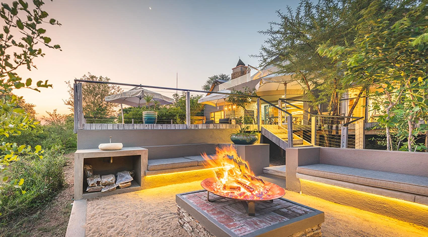 Elephant Point — fireside terrace at sunset